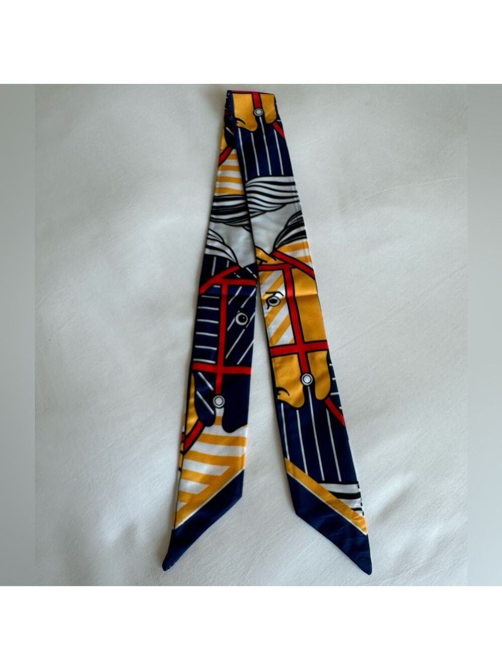 NAVY BLUE GOLD RED WHITE EQUESTRIAN HORSE SKINNY SCARF HANDBAG HANDLE WRAP TIE - Picture 6 of 7